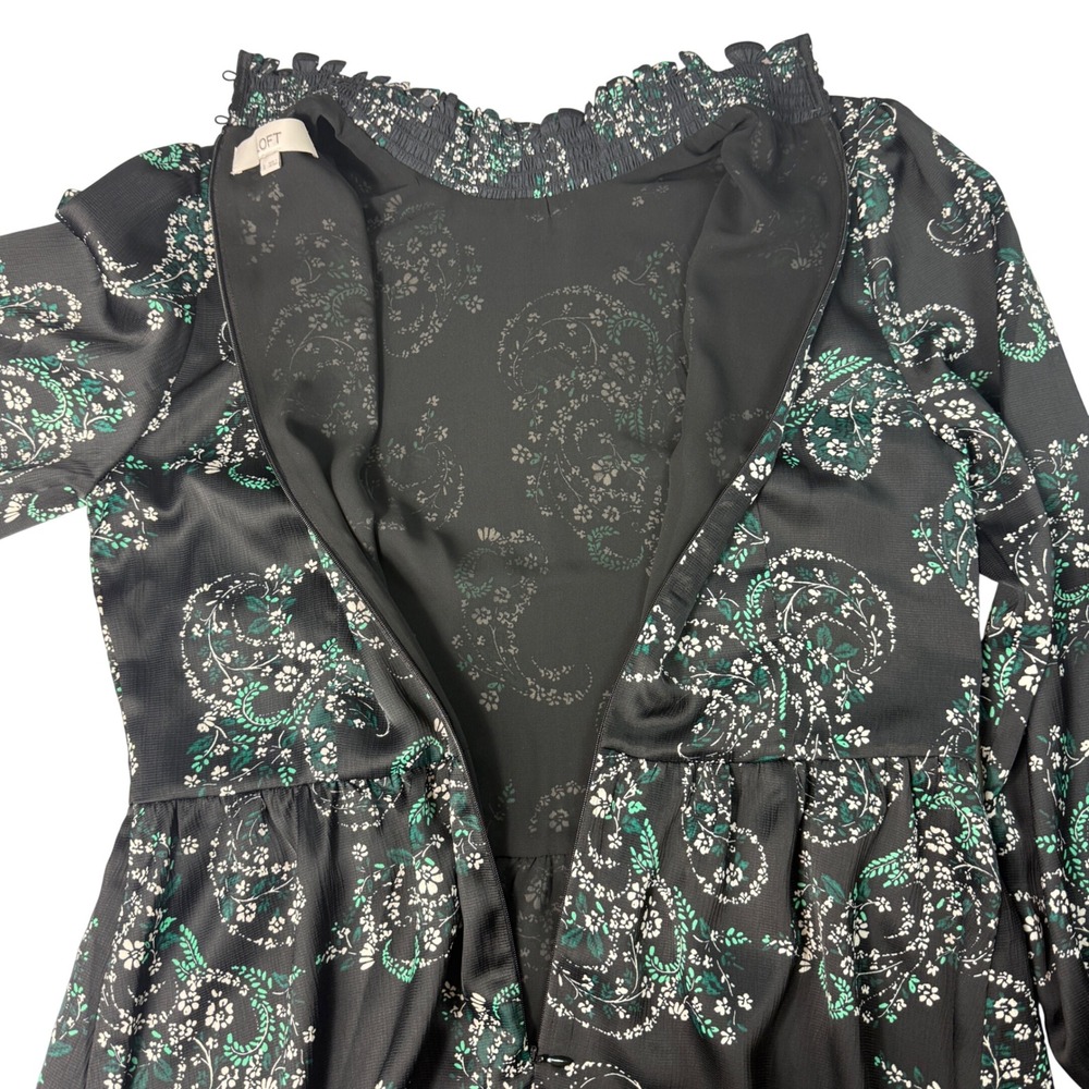 LOFT Women Mini Dress Size 8 Black Floral Long Sleeve Mock Neck Boho Chic - Picture 6 of 14